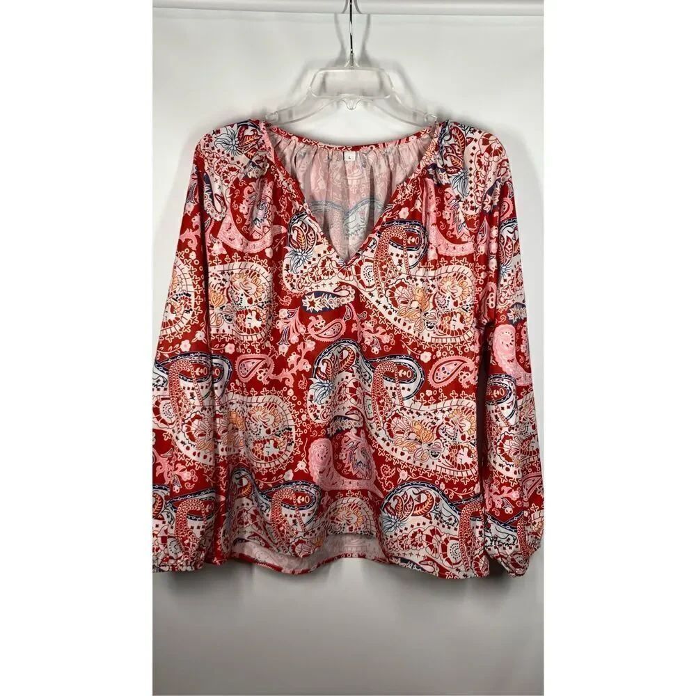 Women's Polyester Paisley V-Neck Balloon Sleeve Blouse Multicolor Large NWOT